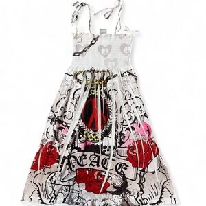 y2k style Free Spirit Tattoo white dress with red roses and skulls- size small